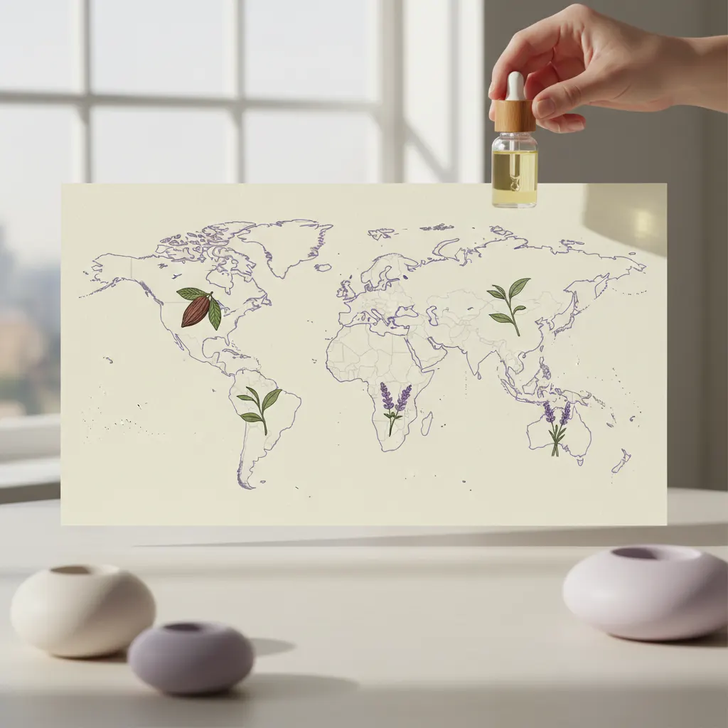 Stylised world map showing botanical ingredient origins across Asia, South America, Africa and Europe - plant-based supplement for active lifestyle UK